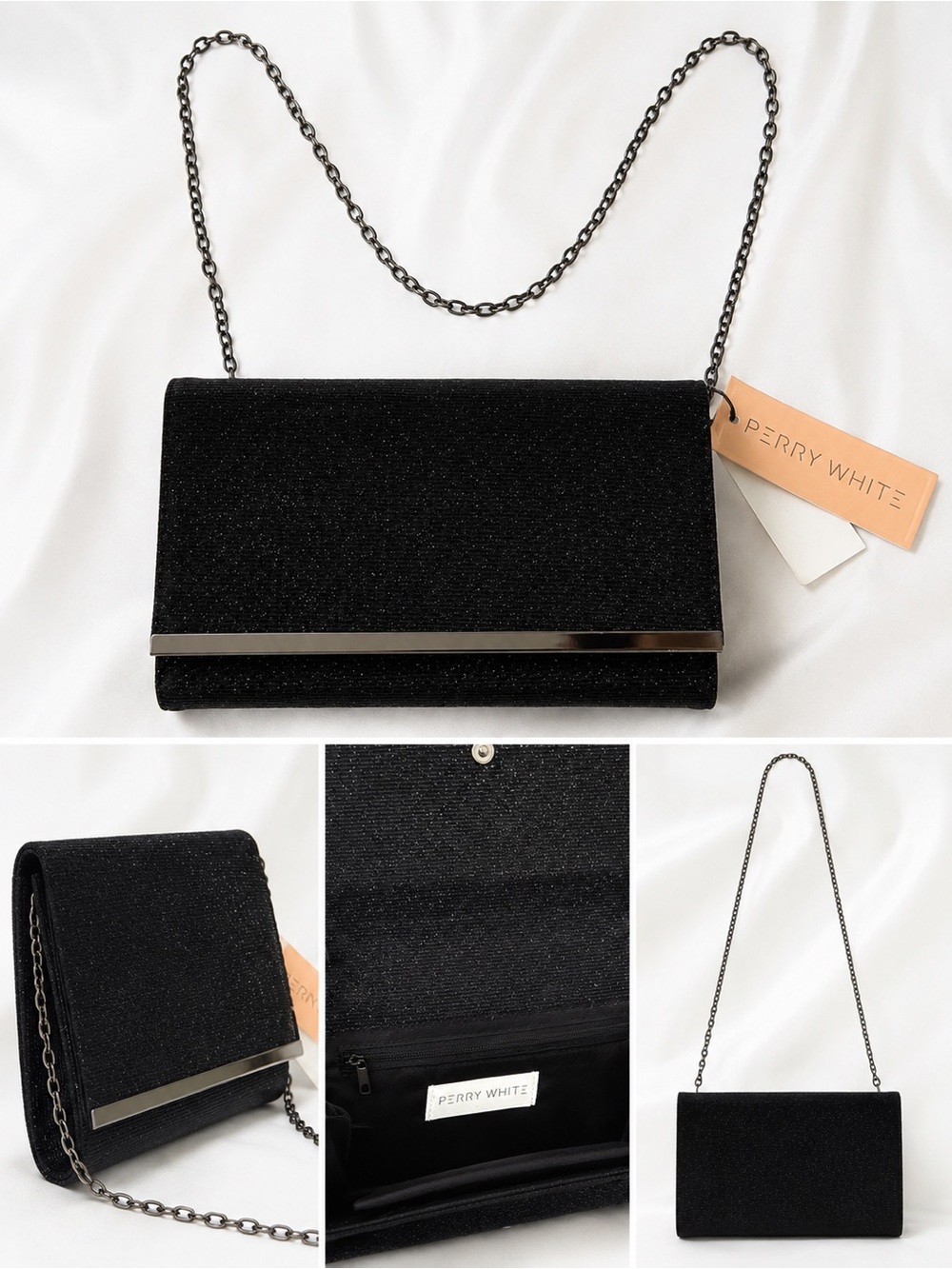 Perry White Black Shimmer Evening Clutch Crossbody Bag NWT